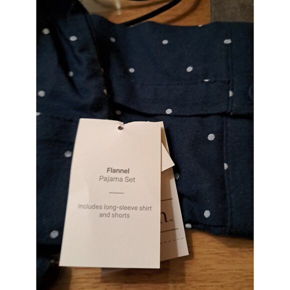 Pajama Set Flannel Long Sleeve Top Shorts 2 pc Auden Polka Dot Navy Large New - Picture 7 of 11